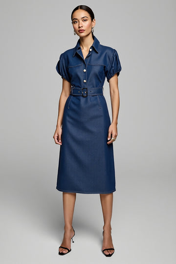 Sheath Grey Blue Work Dress with Short Sleeves